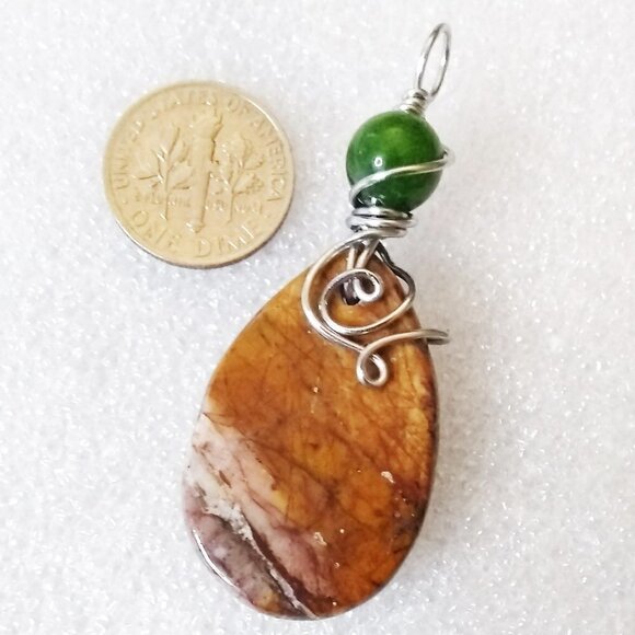 Rustic Green & Brown Jasper Combo! Uniquely Wire Wrapped Pendant! - Picture 4 of 6